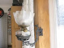 CAST IRON BRACKET OIL LAMP COMPLETE W/NEW WICK CHIMNEY & SHADE