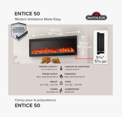 Napoleon ENTICE 60' Electric Fireplace - Sales On Now - Photo 2