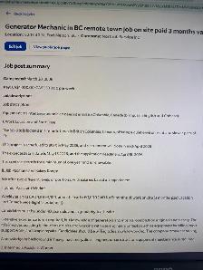 BC省设备维护工作 Generator Maintenance Technician Job in BC