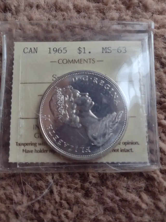 Iccs ms63 Canadian 1965 silver dollar small beads pointed 5