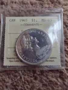 Iccs ms63 Canadian 1965 silver dollar small beads pointed 5