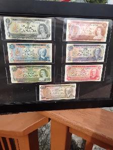 Framed 1969-1975 Canadian multi coloured banknote set $1-$100