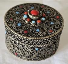 Tibetan Filigree White Metal Trinket Box