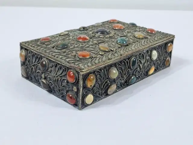 Vintage Metal Trinket Box w/Gemstones - Photo 2