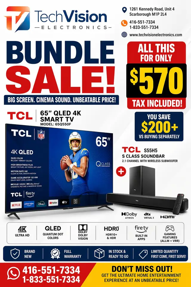 TCL 65' Q CLASS 4K QLED SMART TV WITH TCL SOUND BAR ON SALE