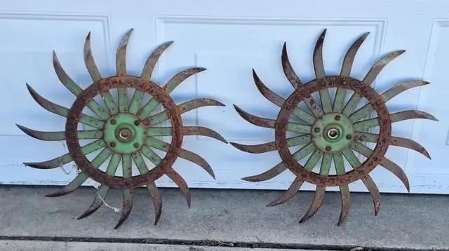 Pair of 17' metal garden art wheels