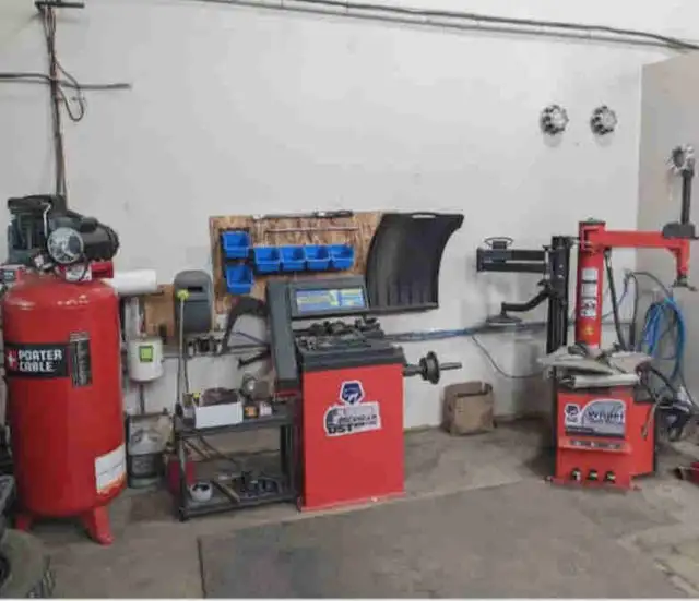 Low pro tire machine, compressor, wheel balancer