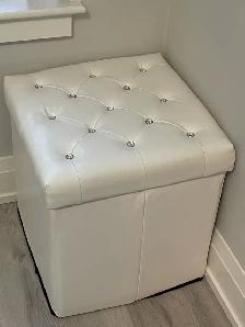 White faux leather tufted crystal storage ottoman $40