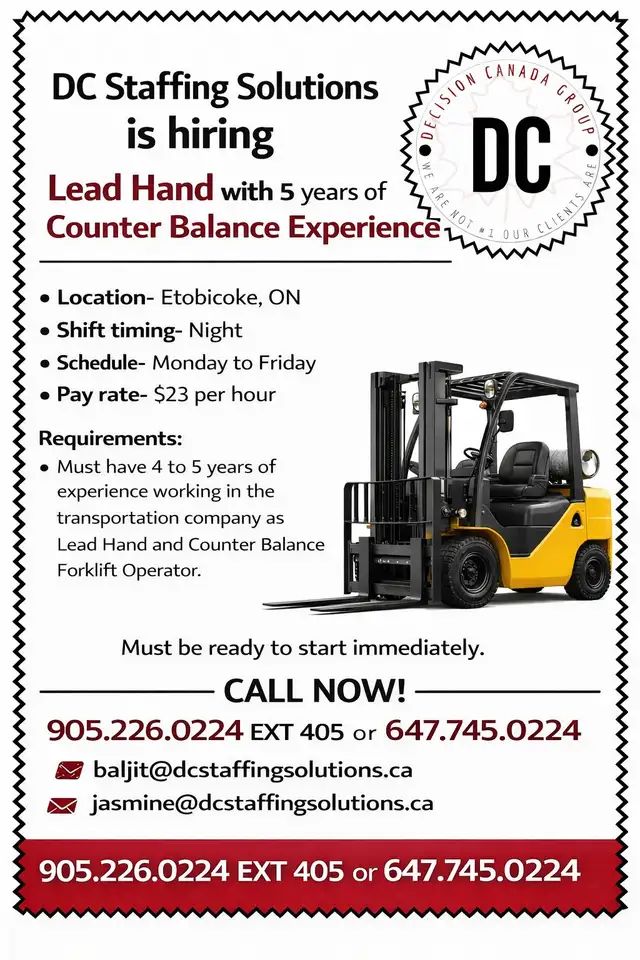 Hiring Lead Hand with 5 years of Counter Balance Experience