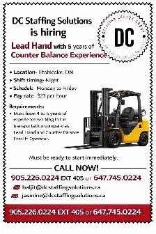 Hiring Lead Hand with 5 years of Counter Balance Experience