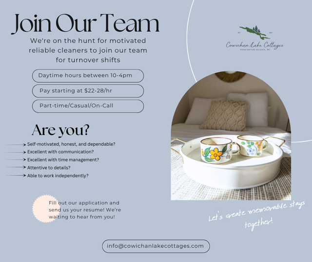 Hiring Cleaners for our Boutique Motel in Lake Cowichan