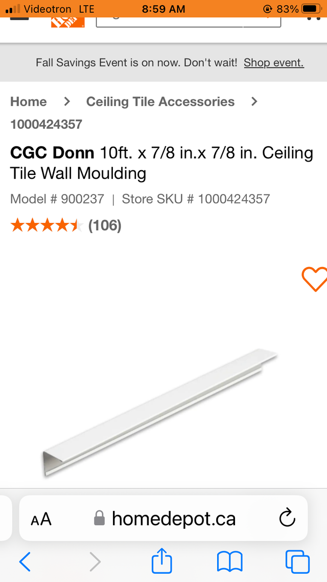 CGC Donn 10ft. x 7/8 in.x 7/8 in. Ceiling Tile Wall Moulding