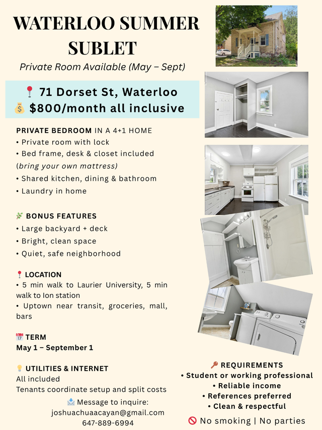 Waterloo Spring Sublet