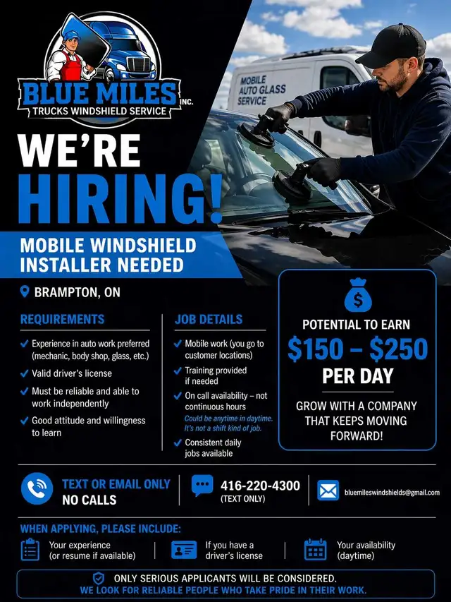 Mobile Trucks Windshield Installer Needed Brampton
