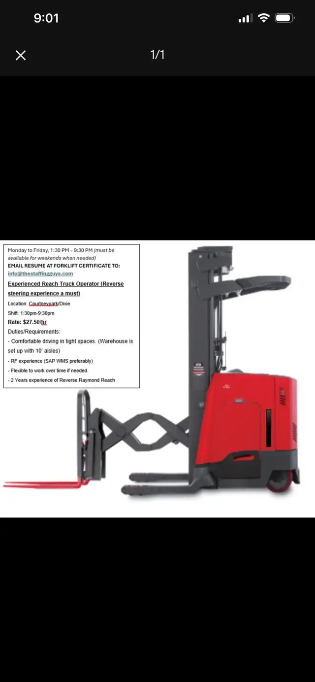 Reverse Reach Truck Operator $27.50/ hr