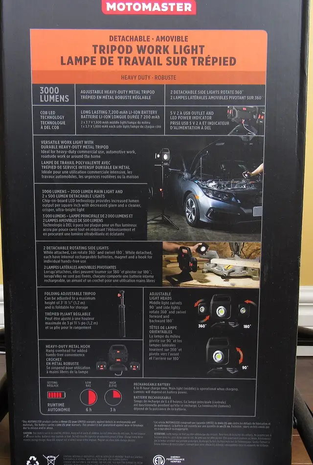 3000 lumens LED tripod worklights photography Motomaster - Photo 8