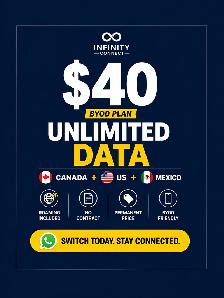 $40 Unlimited Data Plan – Canada US Mexico (permanent price )