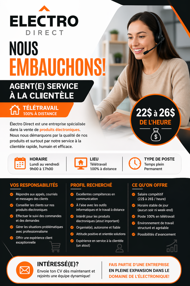 Offre d’emploi – Agent(e) service à la clientèle (Télétravail)