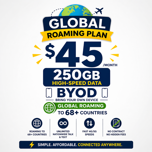 $45 Global Roaming Plan 250gb – 4  Lines Available