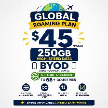 $45 Global Roaming Plan 250gb – 4  Lines Available