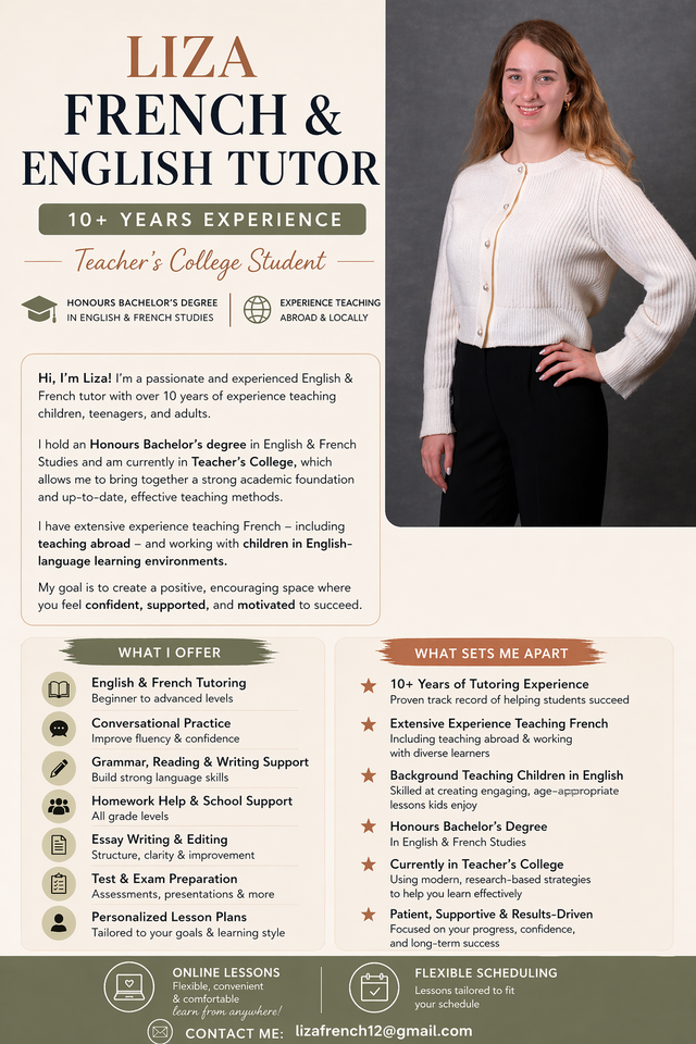 French & English Tutor | Currently in Teacher College