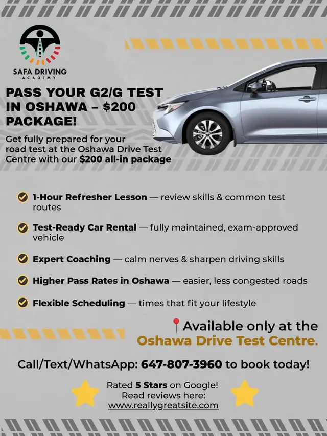 Need a Car for Your G2/G Test? $200 Package with Lesson – Oshawa