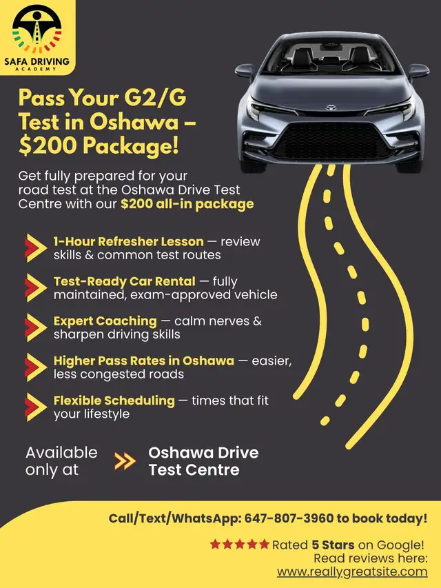 $200 G2/G Road Test Package – Car   1-Hour Lesson (Oshawa)