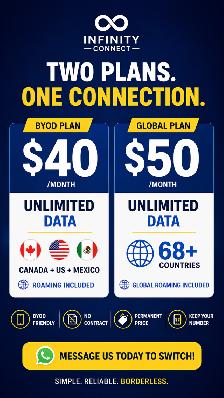 BYOD Cell Plans Available $40 Ca US Mex & $50 Global Roaming