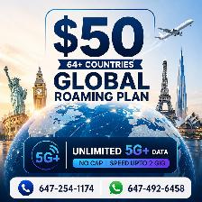 $50 Unlimited 5G  Global Roaming Plan | 64  Countries Coverage