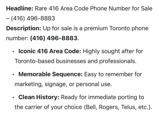 : Rare 416 Area Code Phone Number for Sale – (416) 496-8883