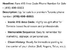 : Rare 416 Area Code Phone Number for Sale – (416) 496-8883