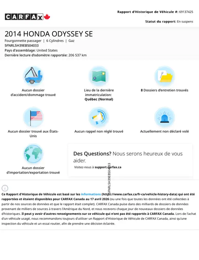 GARANTIE/2014 HONDA ODYSSEY SE/ 8 PASSENGER/TRÈS BONNE MÉCANIQUE - Photo 2