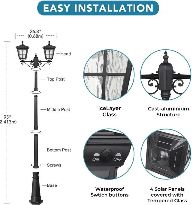 8FT SOLAR LAMP POST – DOUBLE HEAD – NO WIRING – NEW – $240 - Photo 2