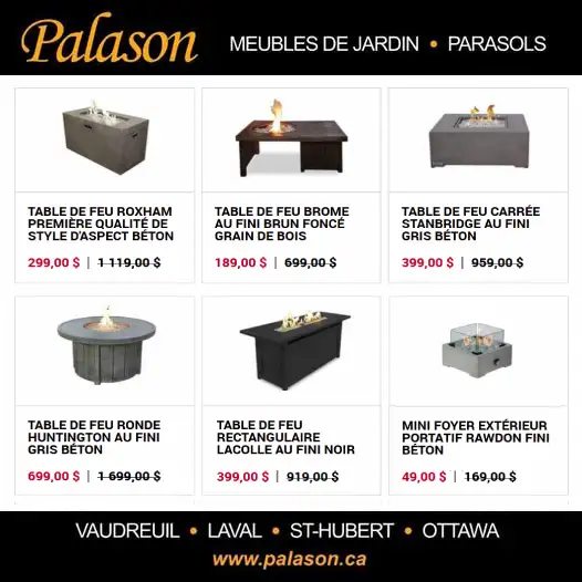 GRANDE VENTE de surplus d'inventaire • Tables de feu foyers ext