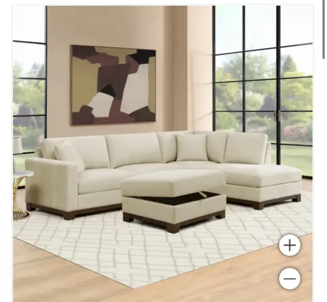 Cream fabric sectional with storage ottoman - Photo 3