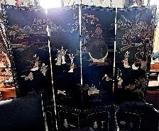 ASIAN BLACK LACQUER ROOM DIVIDER w LADY FIGURES
