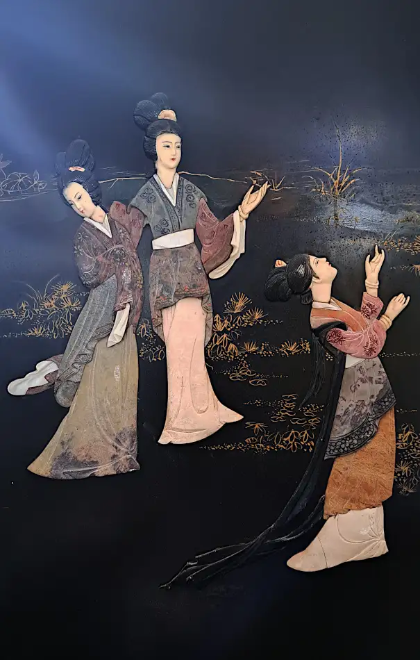 ASIAN BLACK LACQUER ROOM DIVIDER w LADY FIGURES - Photo 4