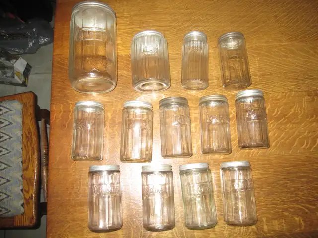 HOOSIER CABINET JARS COFFEE TEA & ALL SPICE,SODA,PEPPER,GINGER
