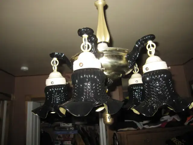 5 ARM BRASS LIGHT FIXTURE WITH BLACK & BRONZE SHADES - Photo 2