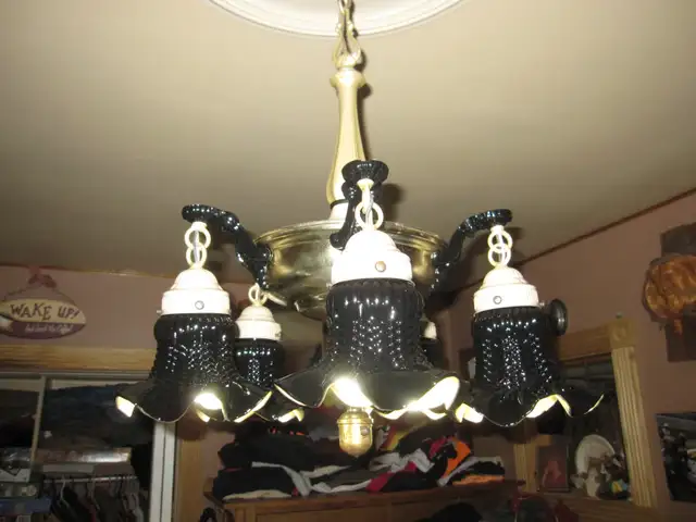 5 ARM BRASS LIGHT FIXTURE WITH BLACK & BRONZE SHADES - Photo 5