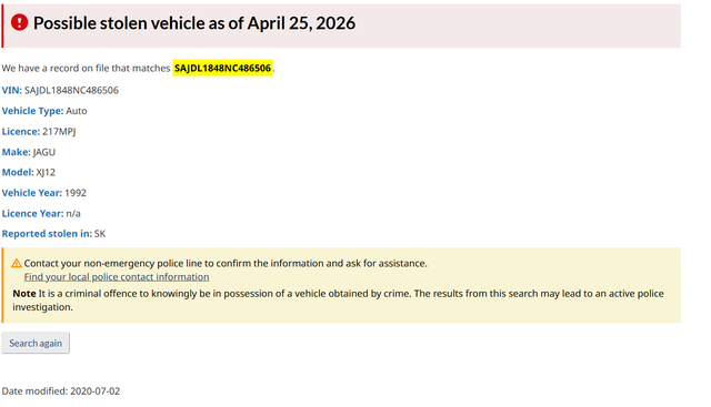 Jaguar XJ12 STOLEN VEHICLE – PLEASE SHARE