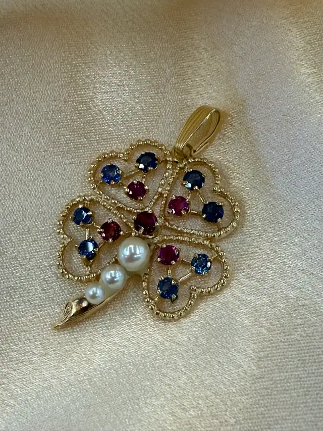 14K Gold Sapphire, Ruby & Pearl Flower Pendant
