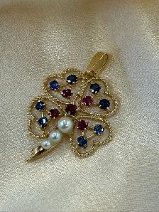 14K Gold Sapphire, Ruby & Pearl Flower Pendant