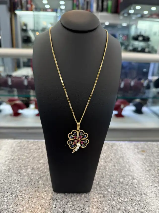 14K Gold Sapphire, Ruby & Pearl Flower Pendant - Photo 2