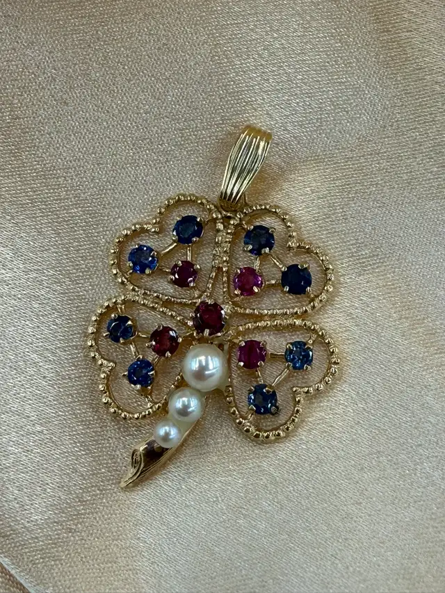 14K Gold Sapphire, Ruby & Pearl Flower Pendant - Photo 3