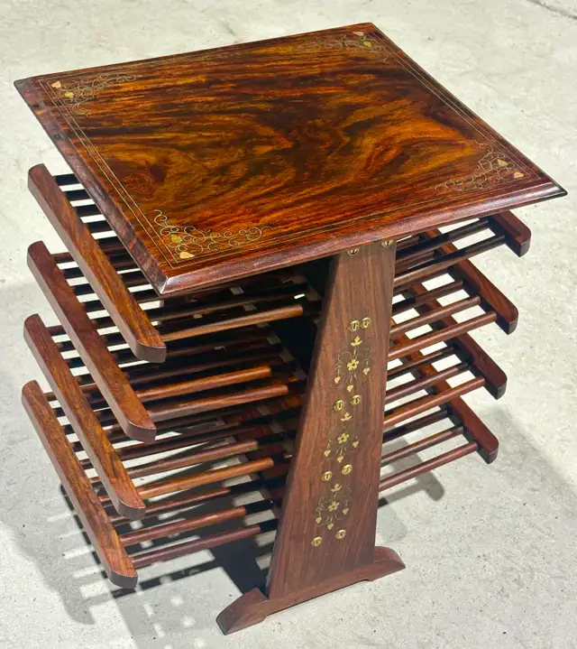 Vintage Wooden Magazine Rack With Brass Inlay