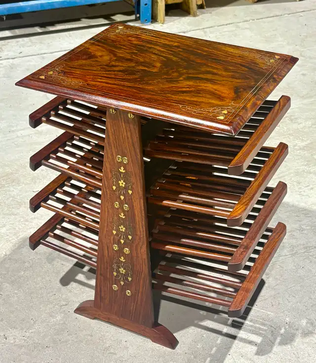 Vintage Wooden Magazine Rack With Brass Inlay - Photo 2