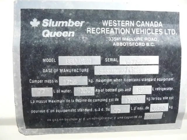 1994 Adventurer Slumber Queen 8ft Camper