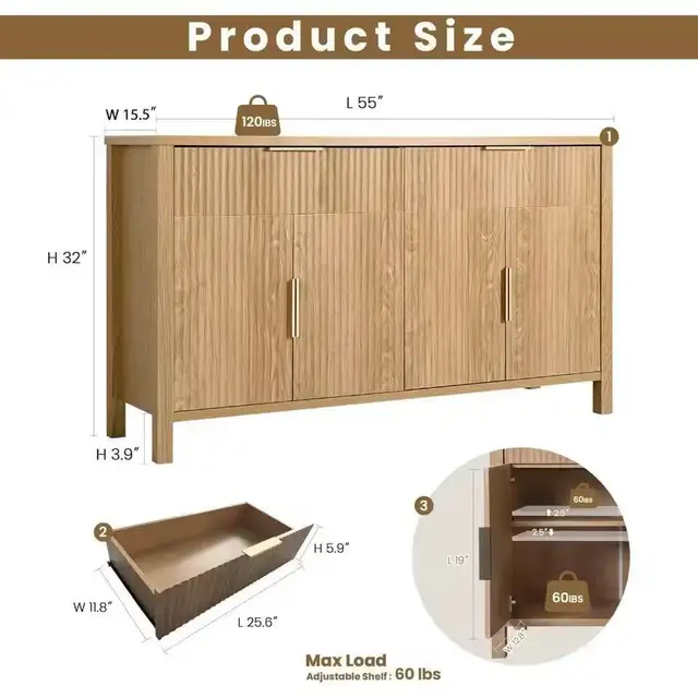 Brand New 55" Oak Chest of Drawers with 4 doors Sideboard $199 - Photo 2