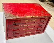 Vintage HEAVY Red Metal Tool Cabinet (w Four Labeled Drawers)